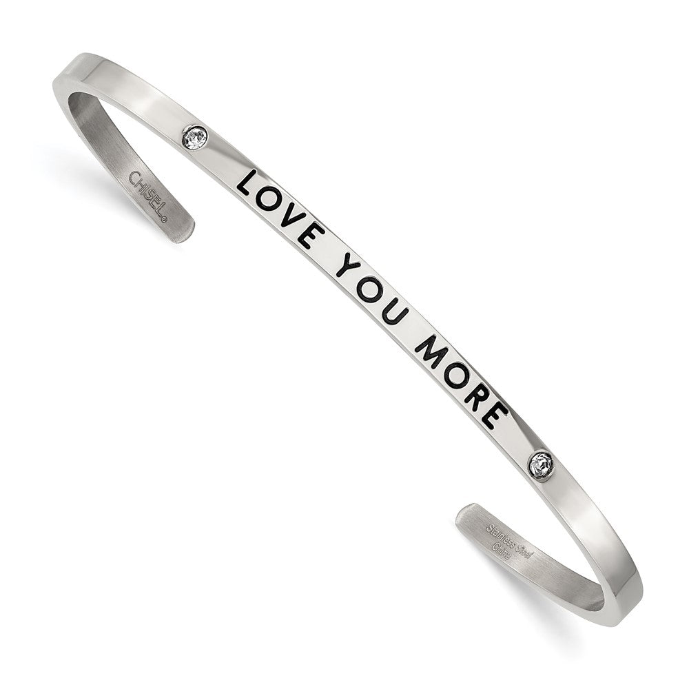 Stainless Steel Polished Enamel/Crystal LOVE YOU MORE 3mm Cuff Bangle 6.75 inches