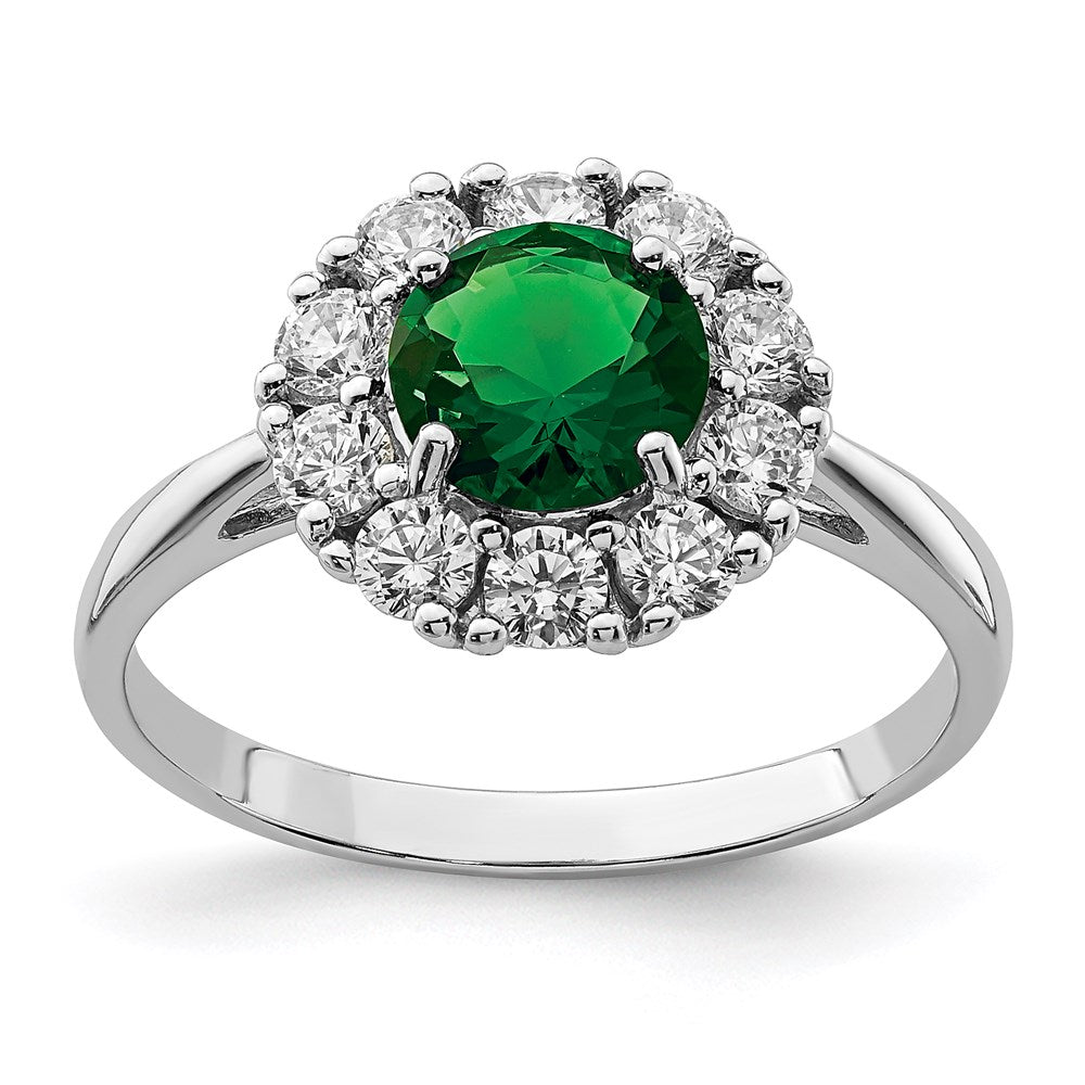 Sterling Silver Rhodium-plated Green Glass and CZ Halo Ring