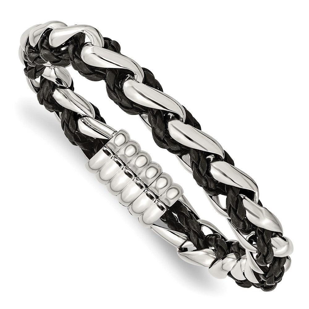 Stainless Steel Polished Black Leather 8.5in Bracelet 8.5 inches