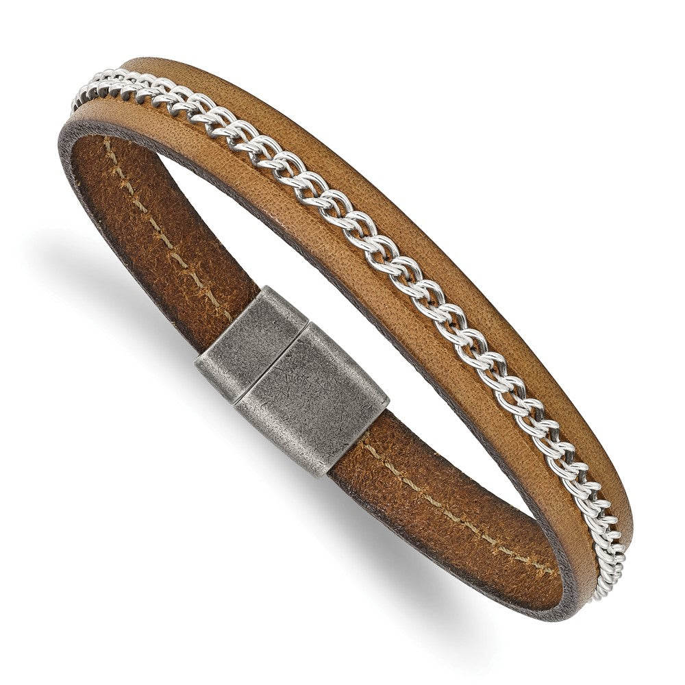 Stainless Steel Antiqued Brushed & Polished Brown Leather & Chain Bracelet 8.25 inches