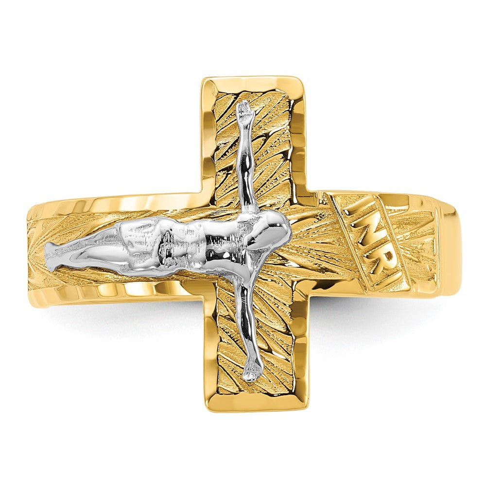 14k Two-tone Polished & Diamond-Cut Mens Crucifix Ring Size 10