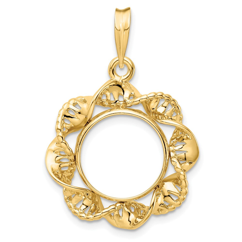 Wideband Distinguished Coin Jewelry 14k Polished Fancy Twisted Ribbon 13.0mm Prong Coin Bezel Pendant