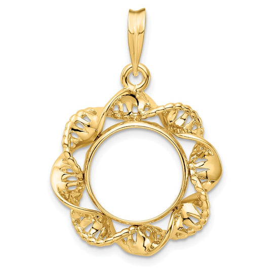 Wideband Distinguished Coin Jewelry 14k Polished Fancy Twisted Ribbon 13.0mm Prong Coin Bezel Pendant