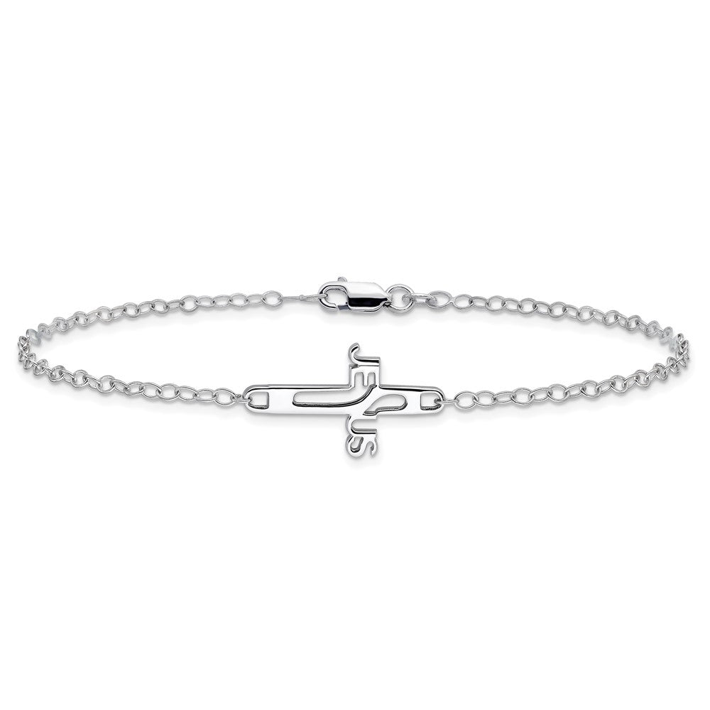Sterling Silver Rhodium-plated Jesus Cross Anklet 9.5 inches