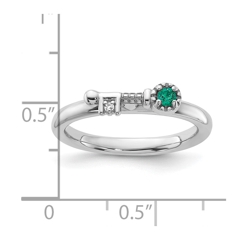 Sterling Silver Stackable Expressions Rhodium-plated Created Emerald and White Topaz Key Ring Size -6