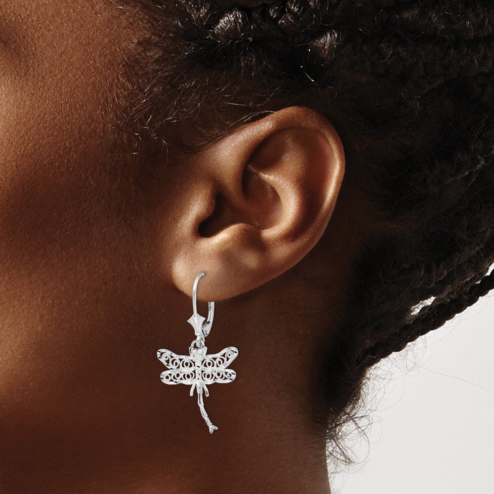 De-Ani Sterling Silver Rhodium-plated Polished Filigree Dragonfly Leverback Earrings
