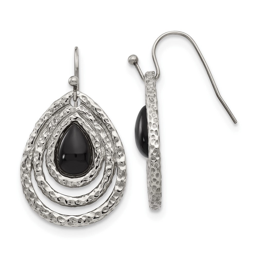 Stainless Steel Polished & Textured Black Onyx Shepherd Hook Earrings