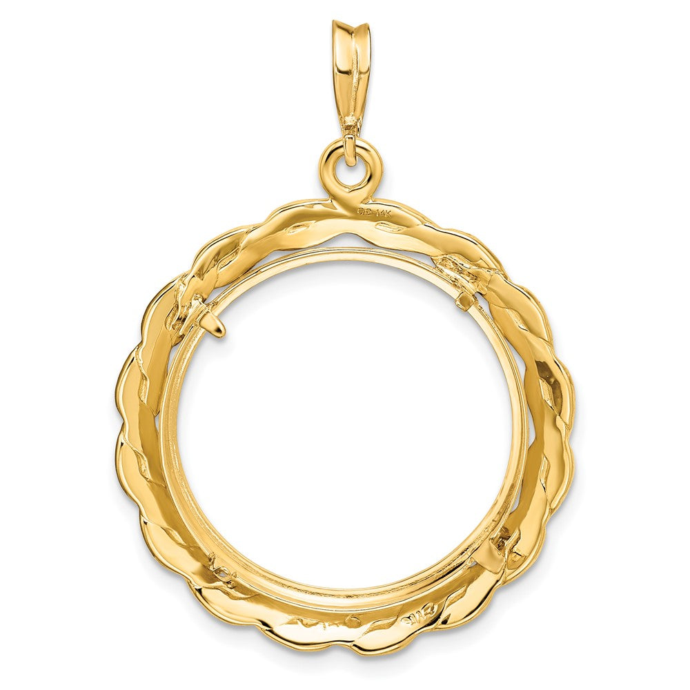 Wideband Distinguished Coin Jewelry 14k Polished and Textured Braided 21.6mm Prong Coin Bezel Pendant