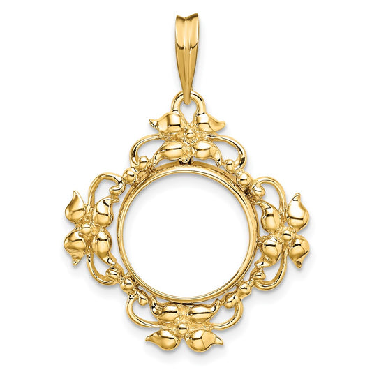 Wideband Distinguished Coin Jewelry 14k Polished Flower Blossom 13.0mm Prong Coin Bezel Pendant