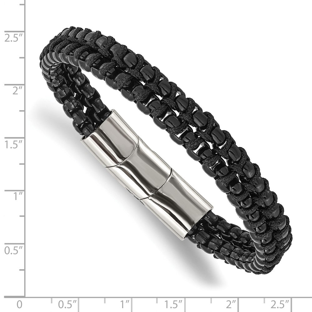 Stainless Steel Polished Black IP w/Black Cotton 8.5in w/.5in ext Bracelet 8.5 inches