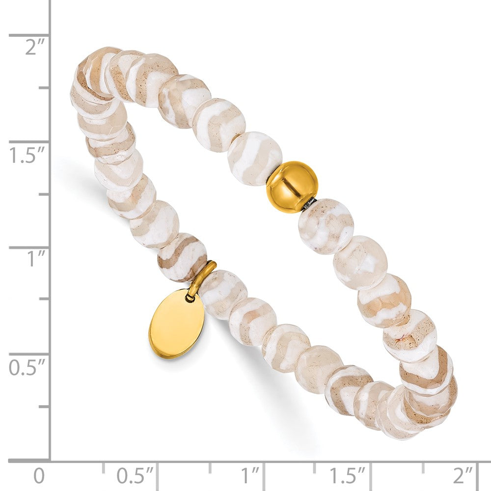 Chisel Stainless Steel Polished Yellow IP-plated 6mm White Line Agate Beaded 6.25 inch Stretch Bracelet 6.25 inches