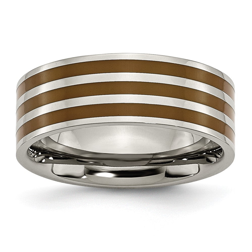 Titanium Polished Brown Enamel Striped 8mm Flat Band Size - 14