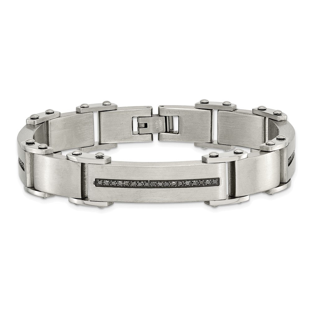 Stainless Steel Brushed and Polished with Black Diamonds 8.5in Bracelet 8.5 inches