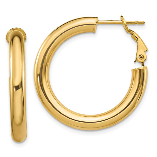 14k 4x20mm Polished Round Omega Back Hoop Earrings