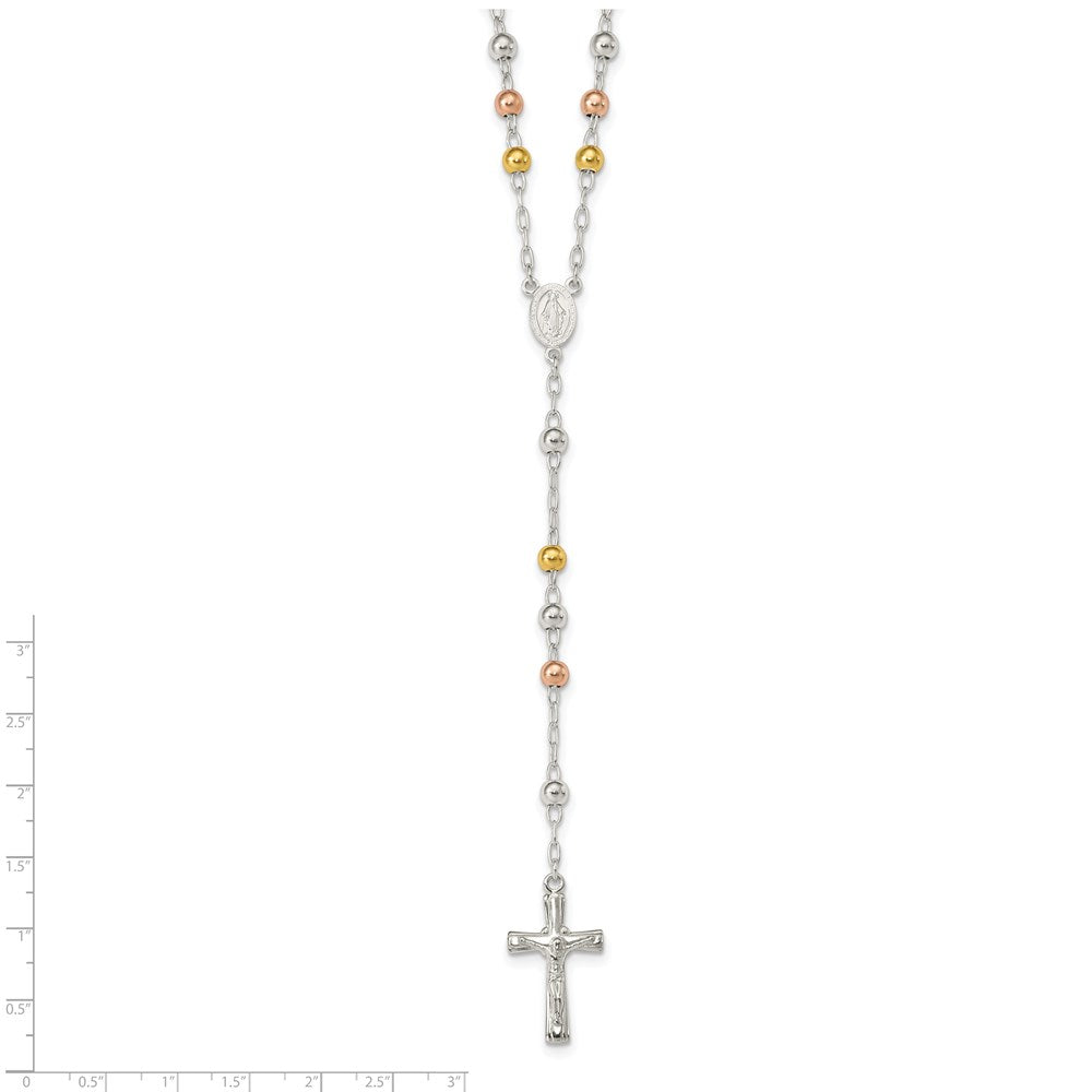 Sterling Silver Polished Rosary Tri-color Beads Necklace 26 Inches