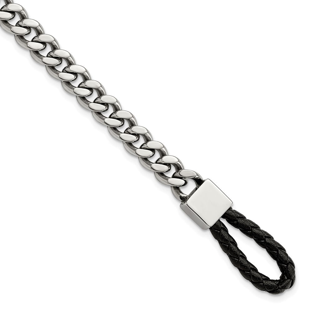 Stainless Steel Polished Curb Chain w/Black Leather Hook 8.25in Bracelet 8.25 inches