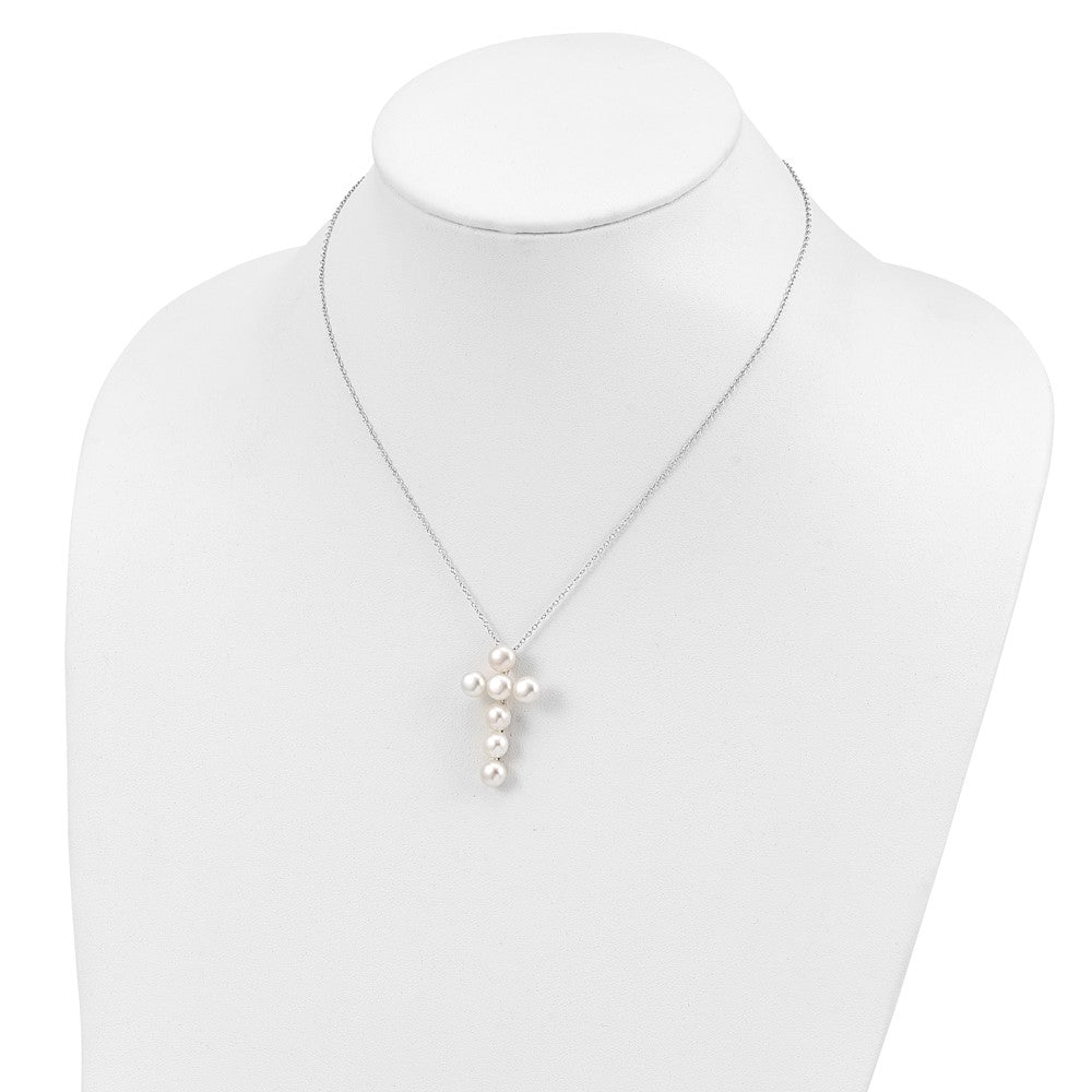 Sterling Silver Rhodium-plated 6-7mm White Button Freshwater Cultured Pearl Cross 17 inch Necklace 17 Inches