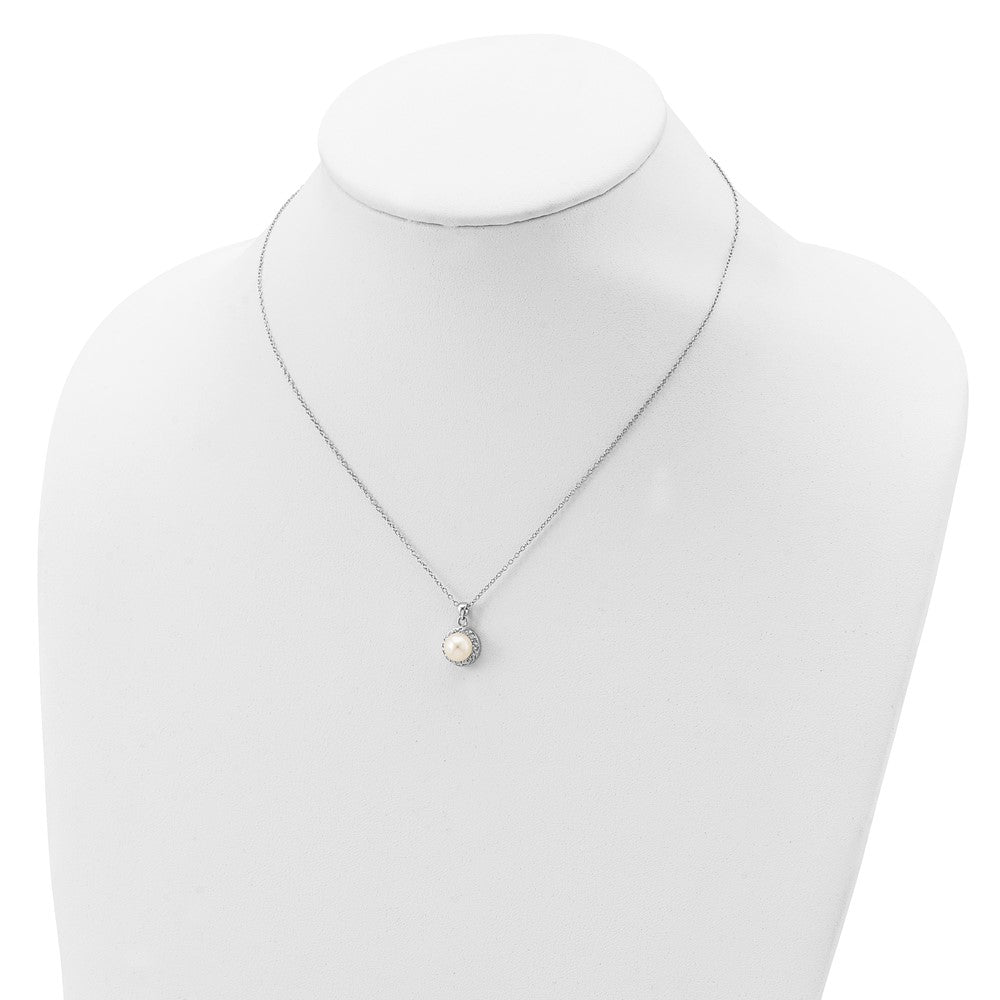 Sterling Silver Rhodium-plated 7-8mm White Button Freshwater Cultured Pearl and CZ 17 inch Necklace 17 Inches