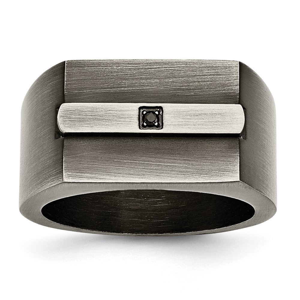 Stainless Steel Antiqued and Brushed w/Black CZ Signet Ring Size - 9