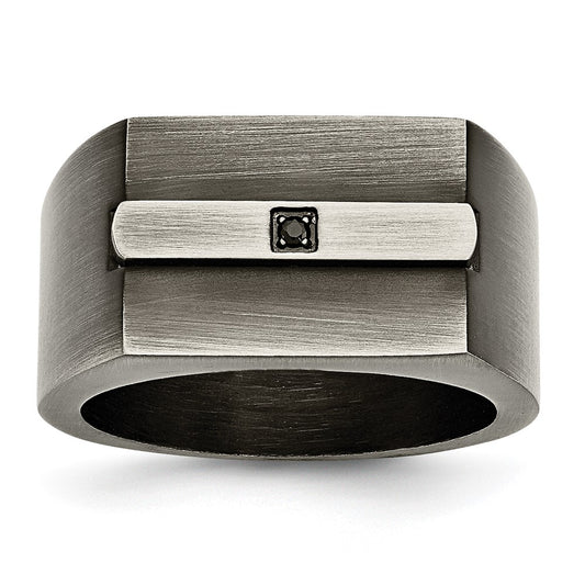 Stainless Steel Antiqued and Brushed w/Black CZ Signet Ring Size - 9