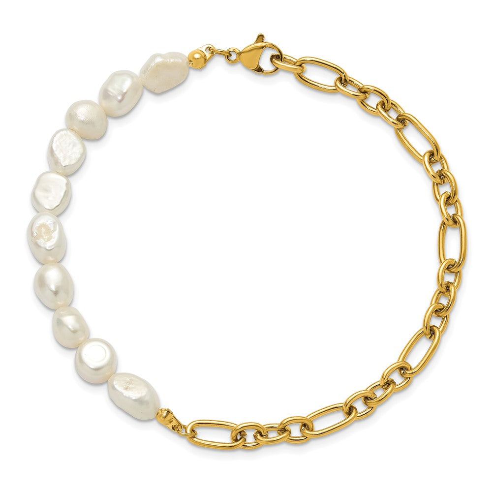 Chisel Stainless Steel Polished Yellow IP-plated with Half White Freshwater Cultured Pearl 8.25 inch Bracelet 8.25 inches
