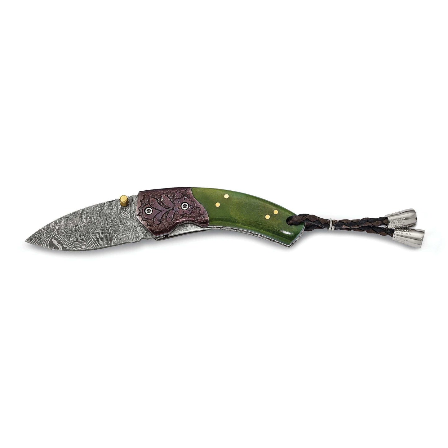 Luxury Giftware Damascus Steel 256 Layer Folding Blade Tinted Camel Bone Handle Knife with Leather Sheath and Wooden Gift Box QKN31445