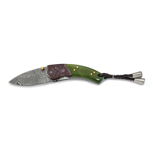 Luxury Giftware Damascus Steel 256 Layer Folding Blade Tinted Camel Bone Handle Knife with Leather Sheath and Wooden Gift Box QKN31445