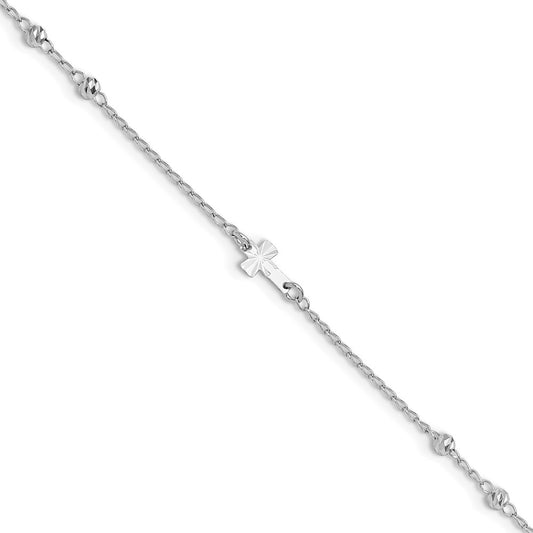 Sterling Silver Rhod-plated Diamond-cut Beads 9in Plus 1in Ext. Cross Ankle 9 inches
