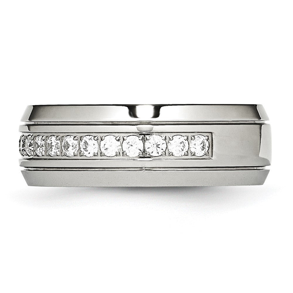 Stainless Steel Polished and Grooved w/CZ 8mm Half Round Band Size - 8