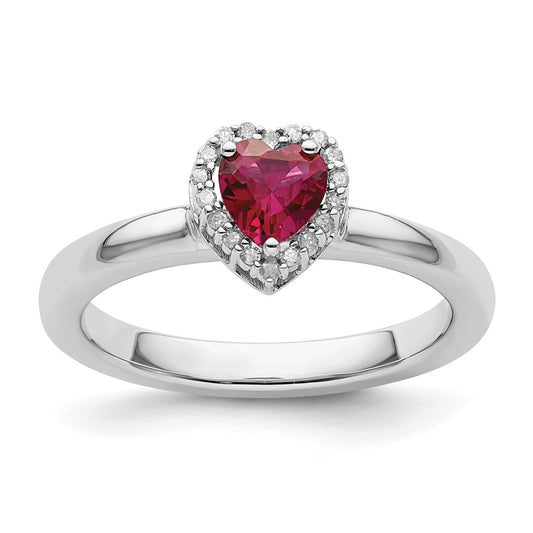 Sterling Silver Stackable Expressions Cr. Ruby Heart Diamond Ring Size -7