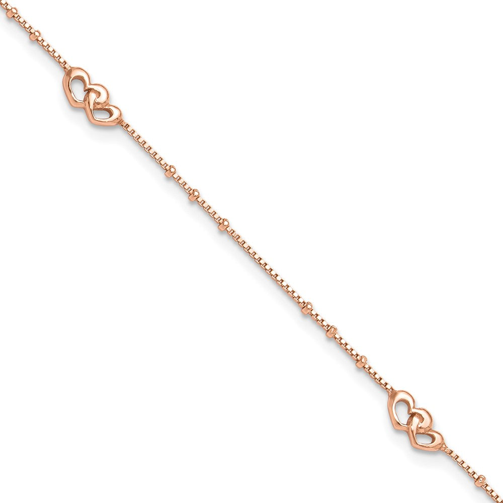 Sterling Silver Rose-tone Polished Hearts 9in Plus 1in Ext Anklet 9 inches