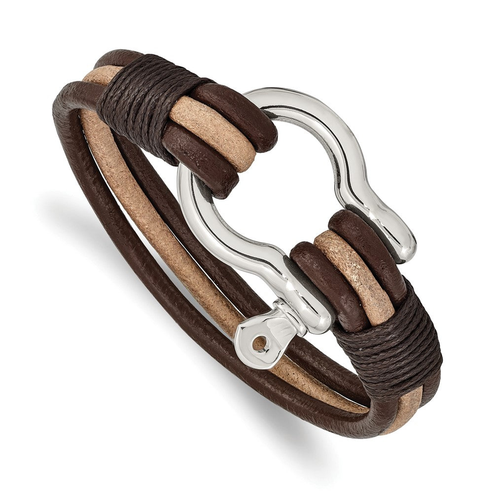 Stainless Steel Polished D.Brown/Tan Leather MultiStrand Shackle Bracelet 8.25 inches