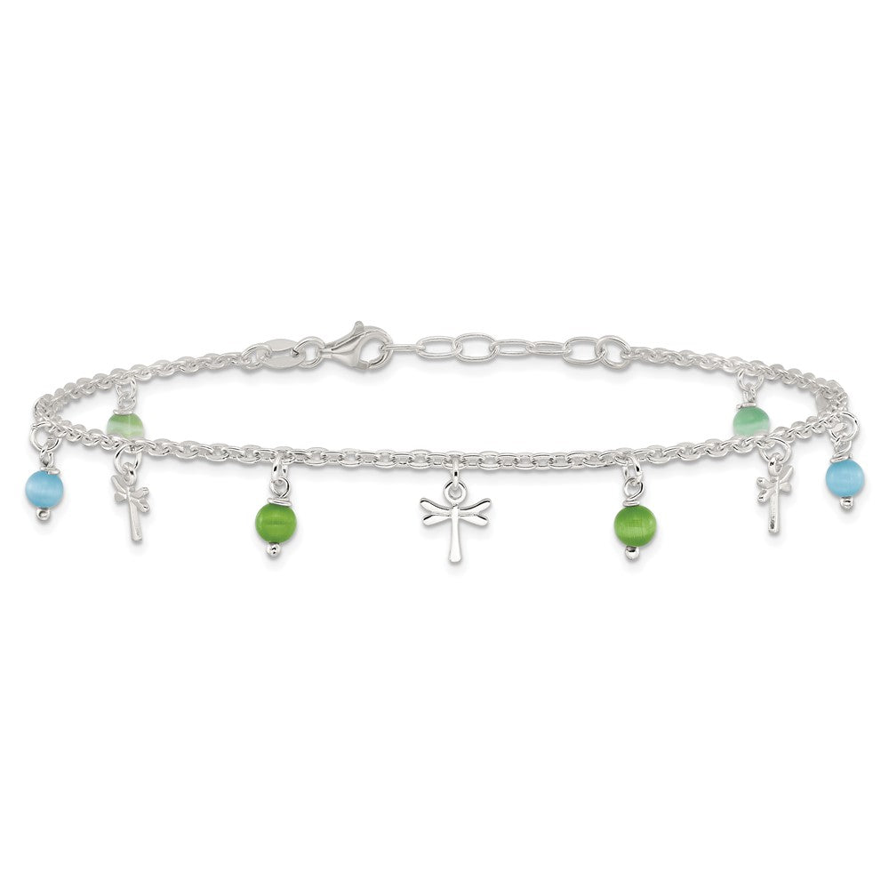Sterling Silver Dragonfly with Aqua Green Beads with 1ext Anklet 10 inches