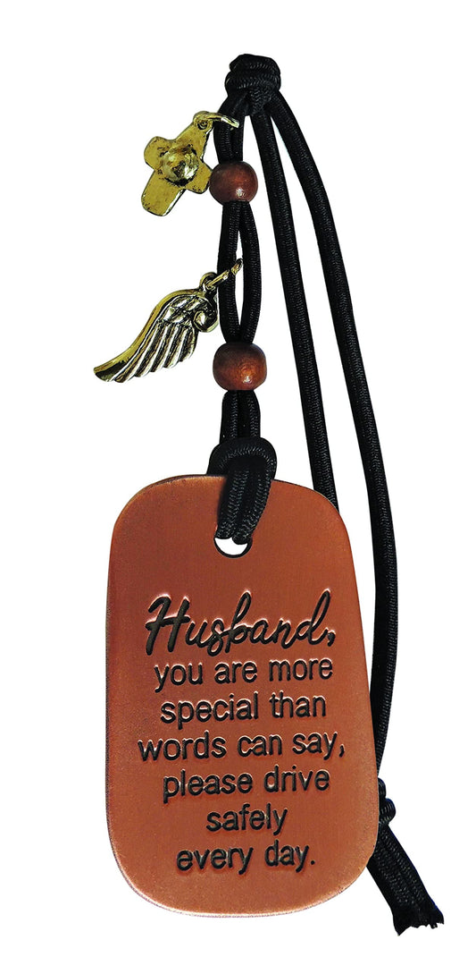 Cathedral Art Husband Tag Car Charm W/Bo Cross & Wing On Black Cord, Multi