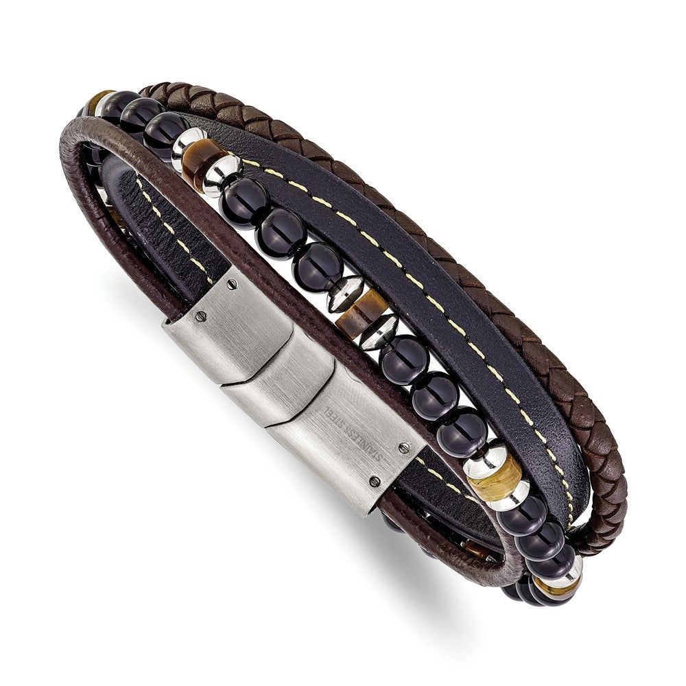 Chisel Stainless Steel Polished Onyx and Tiger Eye Beaded Black and Brown Leather Multi Strand 8 inch Plus .5 inch Extension Bracelet