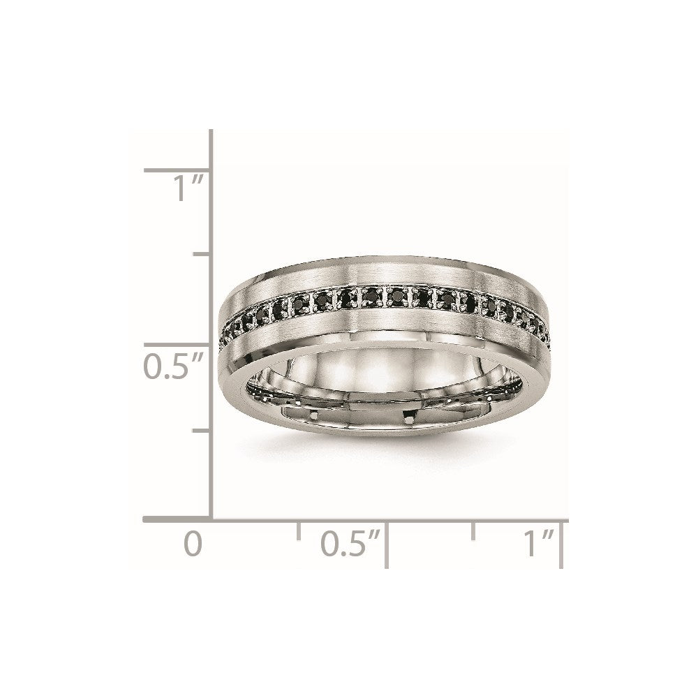 Stainless Steel Brushed and Polished Black CZ 6.5mm Band Size - 9