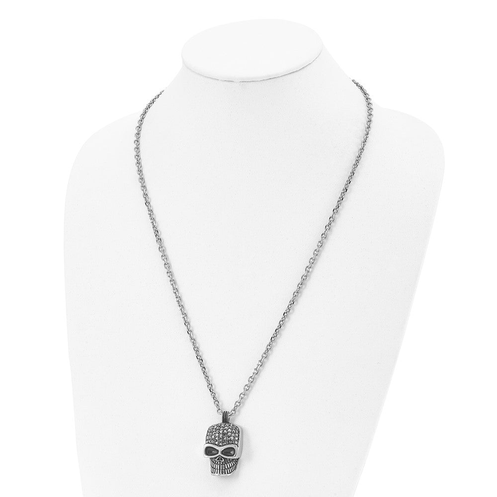 Stainless Steel 24in Polished and Antiqued with Black Crystal Skull Neckla