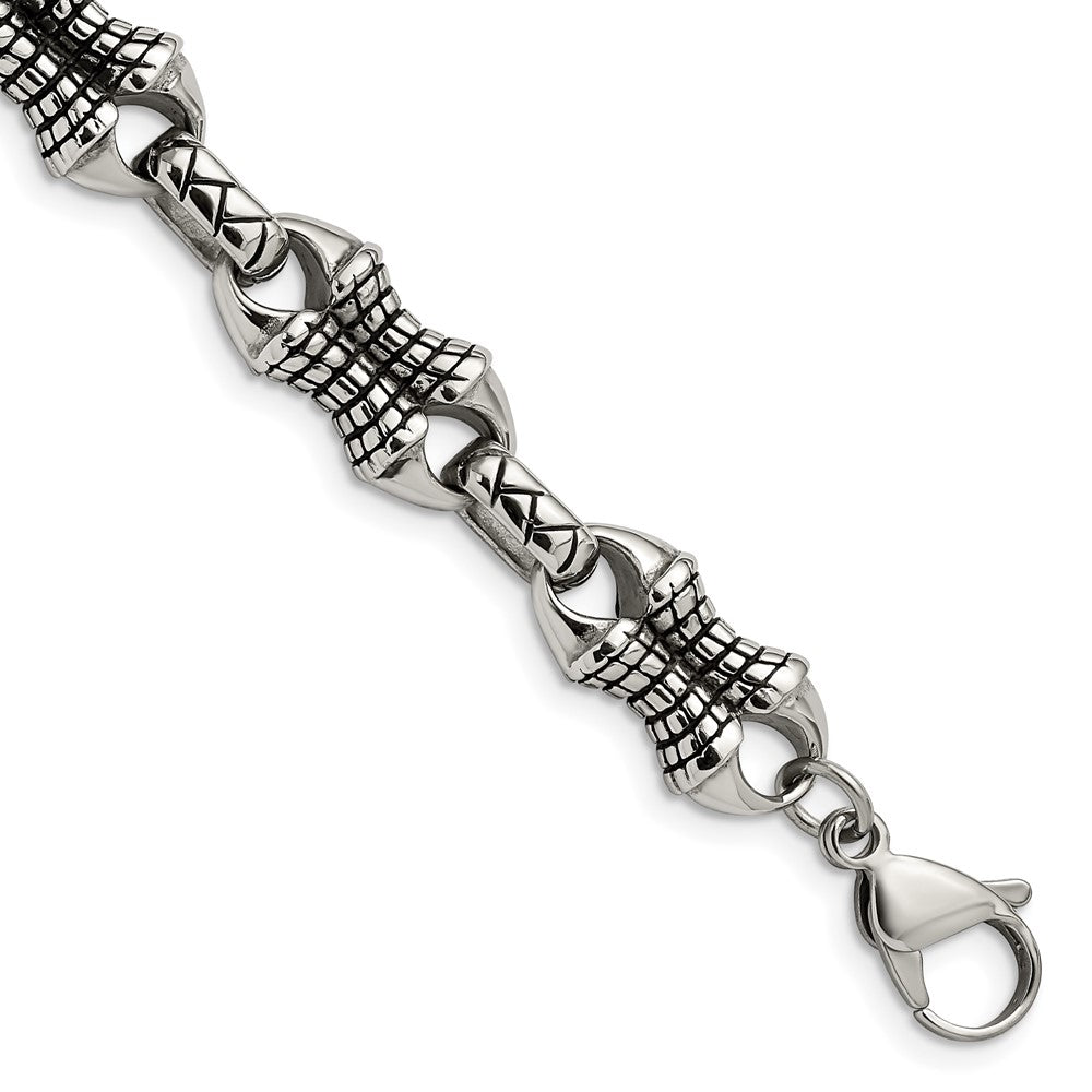 Stainless Steel Antiqued and Polished Patterned 8.75in Bracelet 8.75 inches