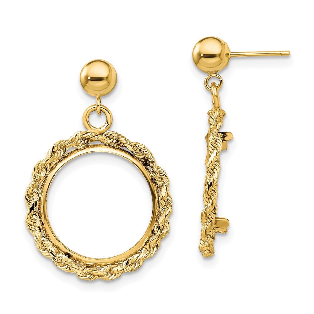 Wideband Distinguished Coin Jewelry 14k Polished Rope 15.0mm Prong Coin Bezel Post Dangle Earrings