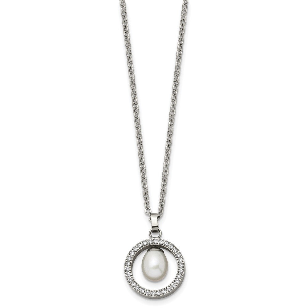 Titanium Polished w/CZ and Freshwater Cultured Pearl 22in Necklace