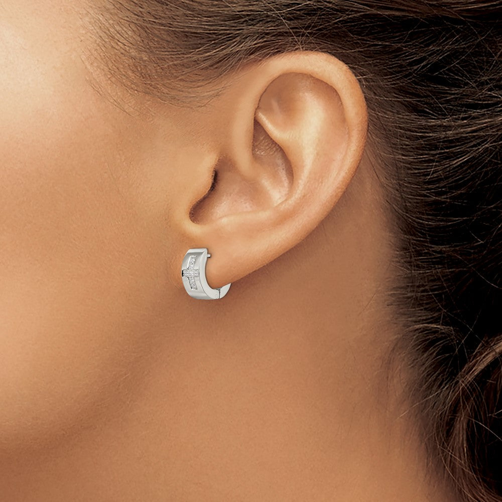 Stainless Steel Brushed and Polished w/CZ Cross 6mm Hinged Hoop Earrings