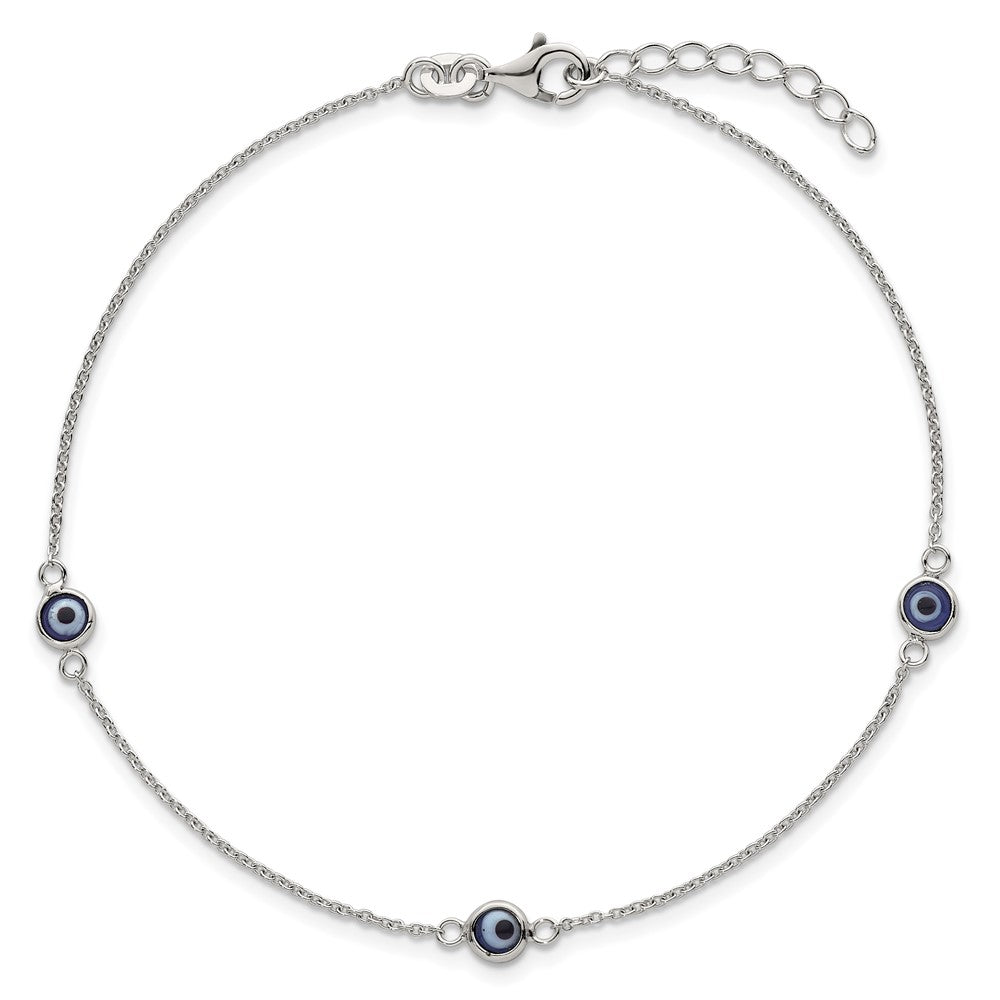 Sterling Silver Polished and Glass Evil Eye 9 inch with 1 inch Extension Anklet