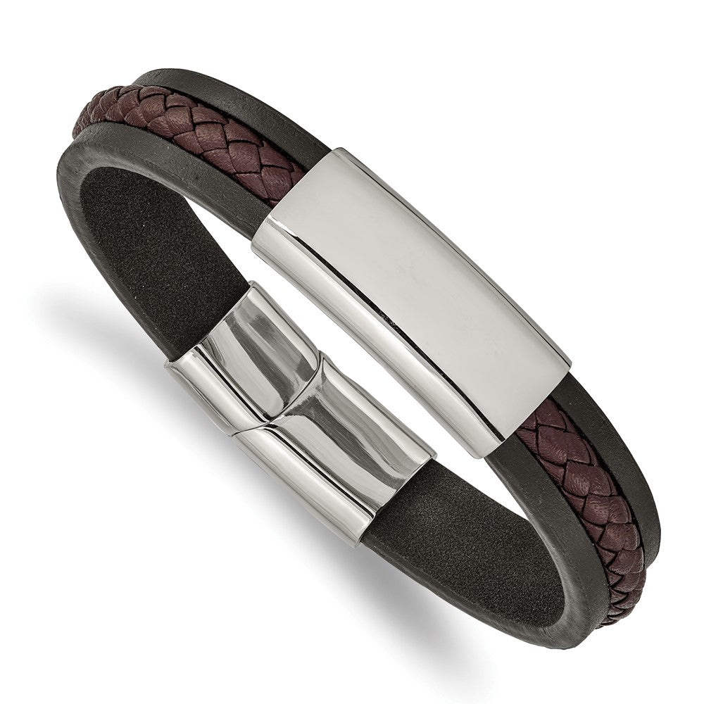Stainless Steel Polished Black & Brown Braided Leather 8.25in ID Bracelet 8.25 inches