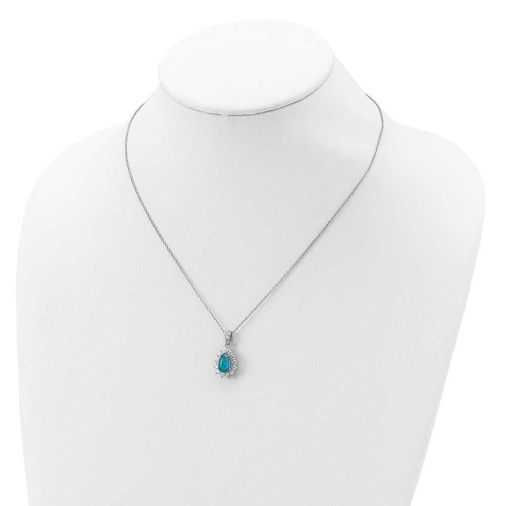 Cheryl M Sterling Silver Rhodium-plated Cabochon Lab Created Blue Opal and Brilliant-cut CZ Pear 18 Inch Necklace 18.5 Inches