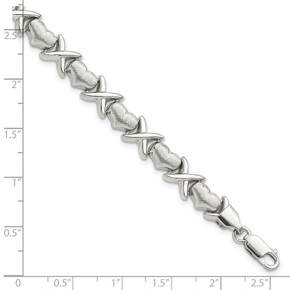 Sterling Silver Polished and Satin X and Hearts Bracelet 8 inches