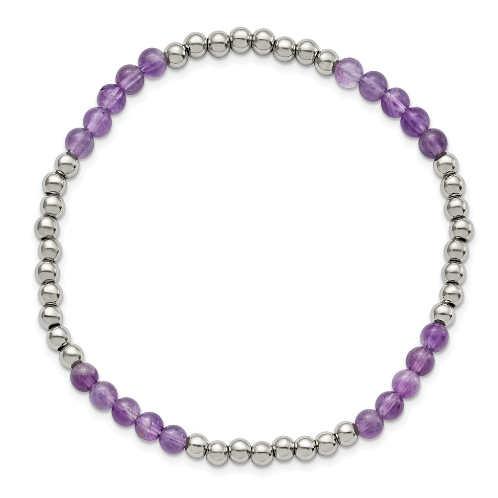 Stainless Steel Polished Purple Zebra Amethyst Beaded Stretch Bracelet 7 inches