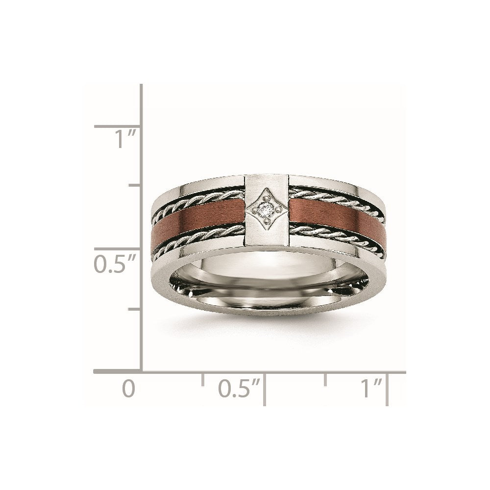 Stainless Steel Brushed/Polished Brown IP-plated .02ct Diamond 8mm Band Size - 12.5