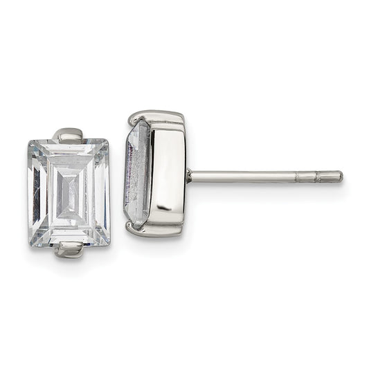 Stainless Steel Polished Rectangle CZ Post Earrings