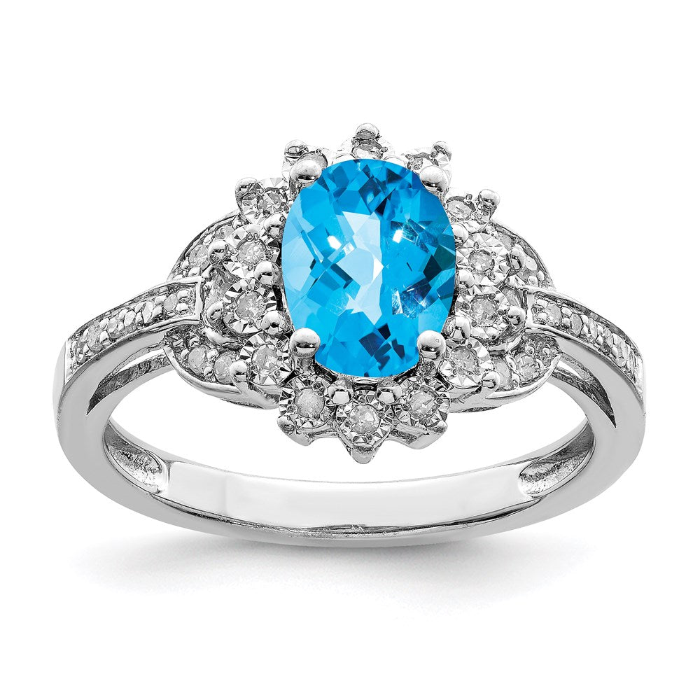 Sterling Silver Rhodium Diam. & Oval Checker-Cut Blue Topaz Ring