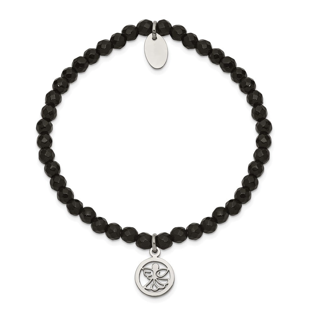 Stainless Steel Polished Angel Black Jade Beaded Stretch Bracelet 6.5 inches